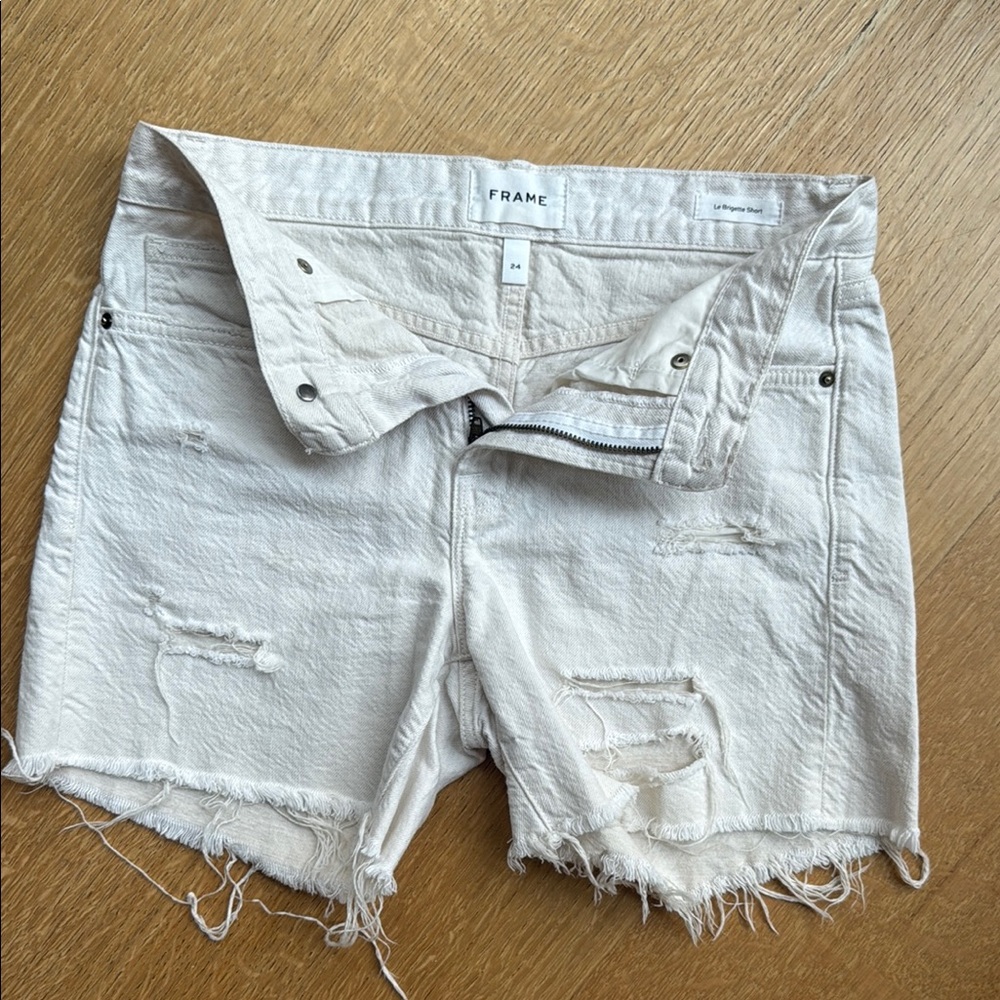 Frame Denim Cream Distressed Jean Shorts